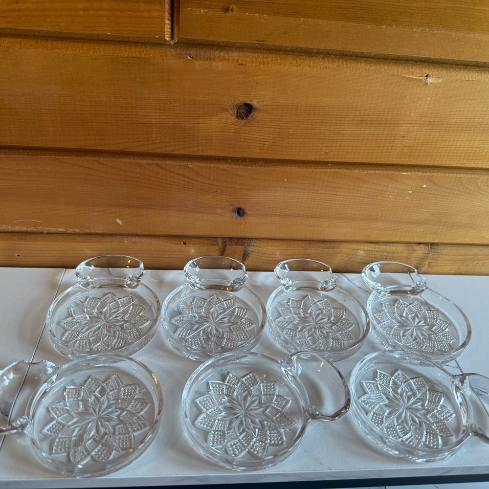 Set of 8 Clear Pressed Glass Ashtrays with Starburst Design